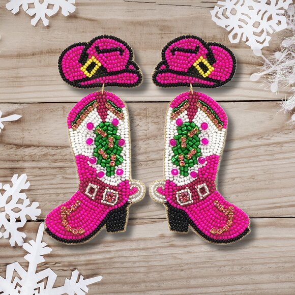Christmas Holiday Gift Western Fuchsia Seed Beaded Boots Boho Earrings - Picture 1 of 3